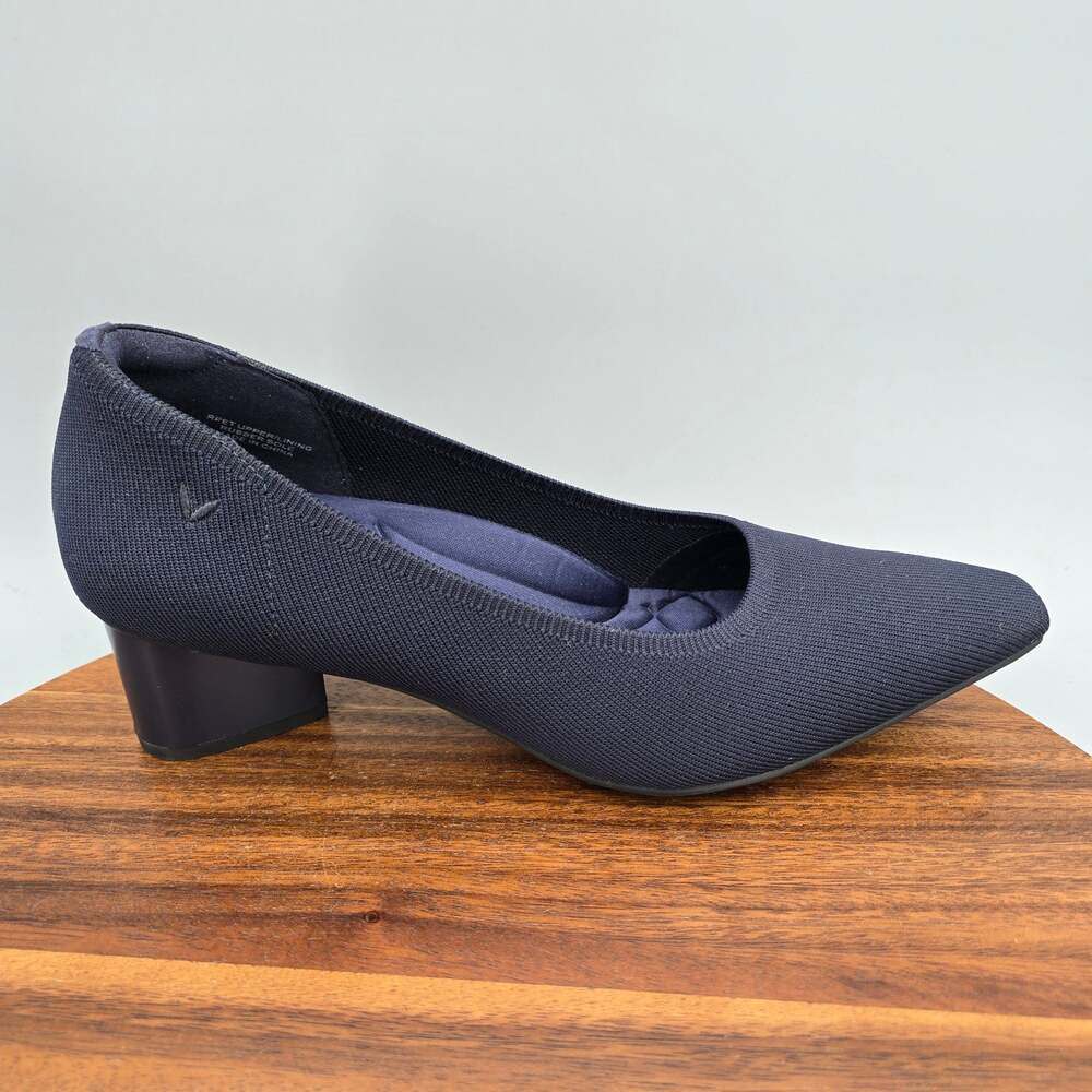 Vivaia Melody Heels Womens 10.5 Navy Blue Knit Pointed Toe Slip On Chunky Pumps